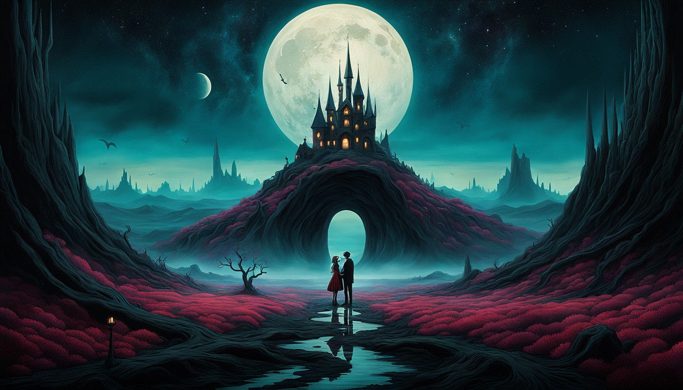 Dreamlike Kiss in a Desolate Sci-Fi Landscape