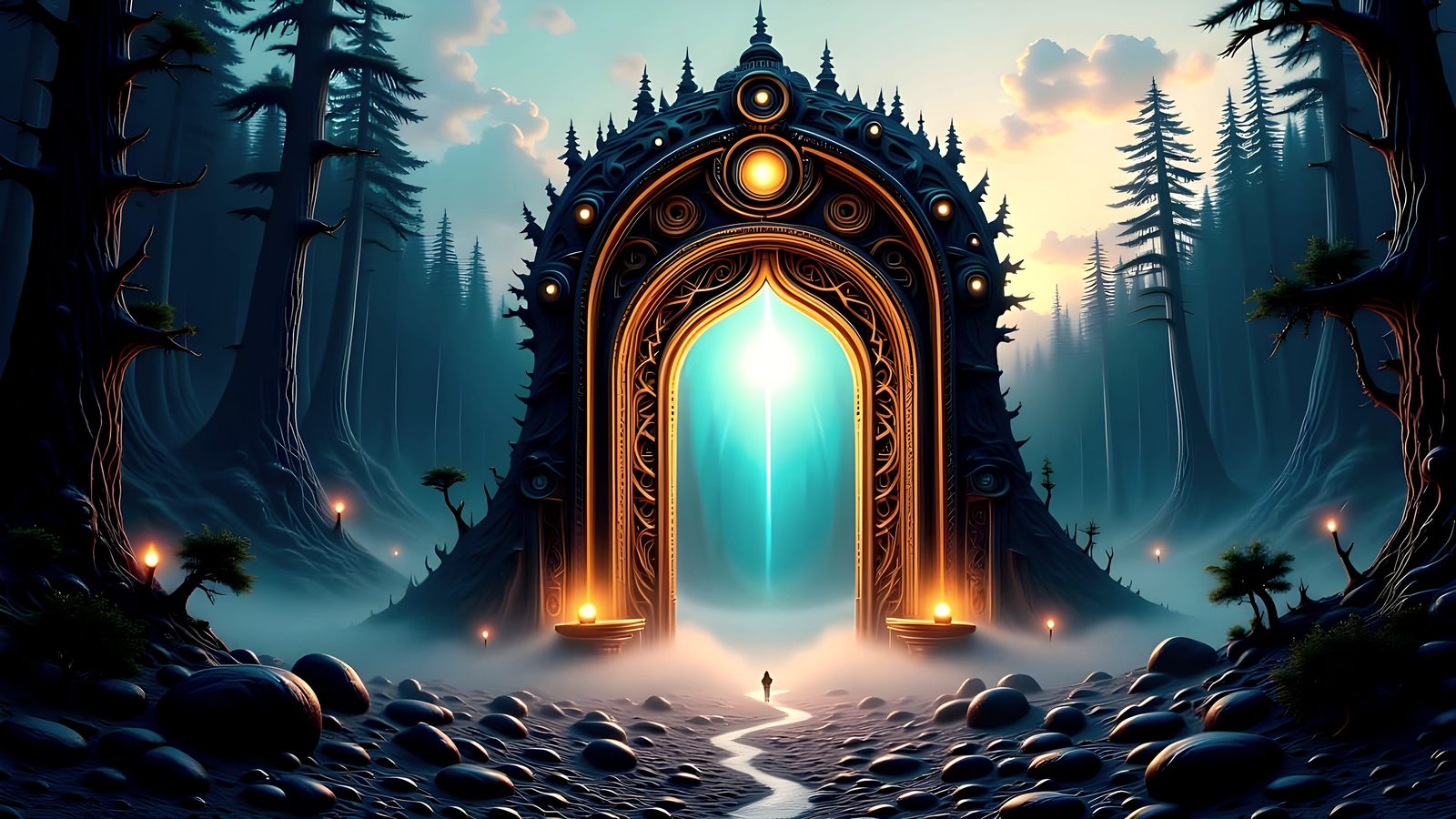 Mystical Gateway to Alien Forest in Bioluminescent Light