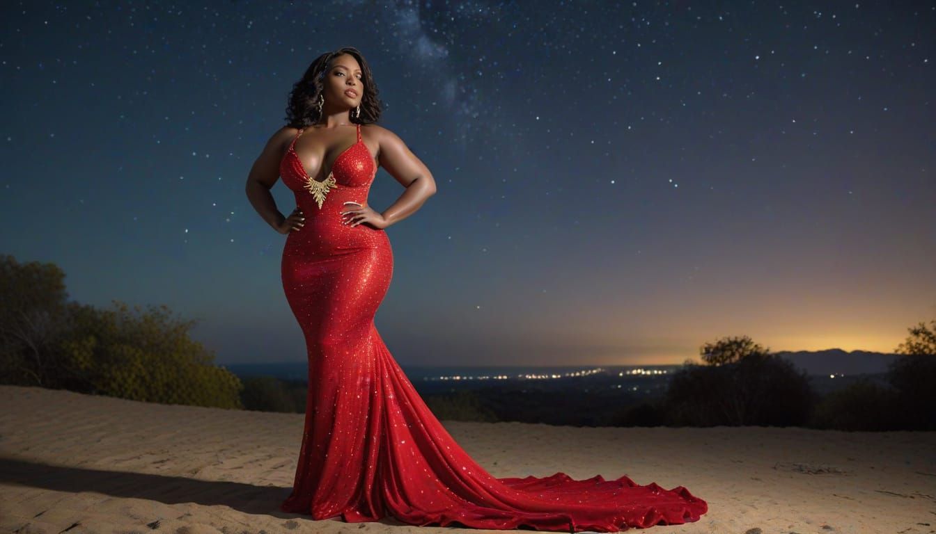 Voluptuous Ebony Woman in Red Gown Under Stars
