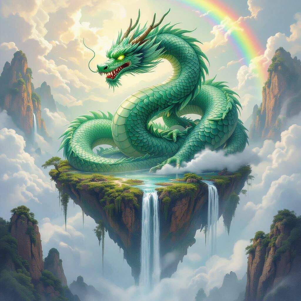 Jade Dragon Coils Floating Island with Emerald Light