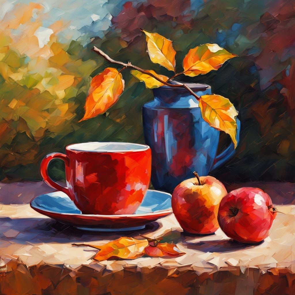 Vibrant Autumn Still Life: Tea, Apples, and Leaf in Neo-Impr...