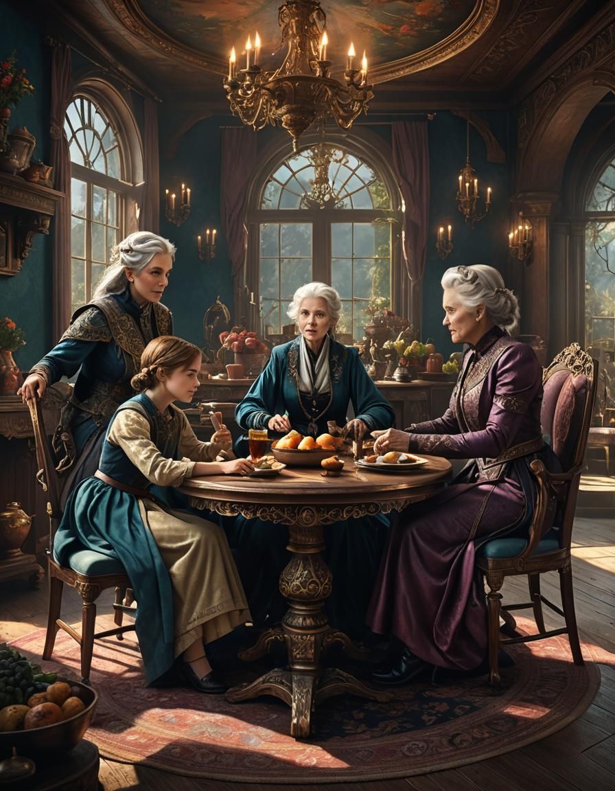 Three Generations Gather, Detailed Fantasy Art