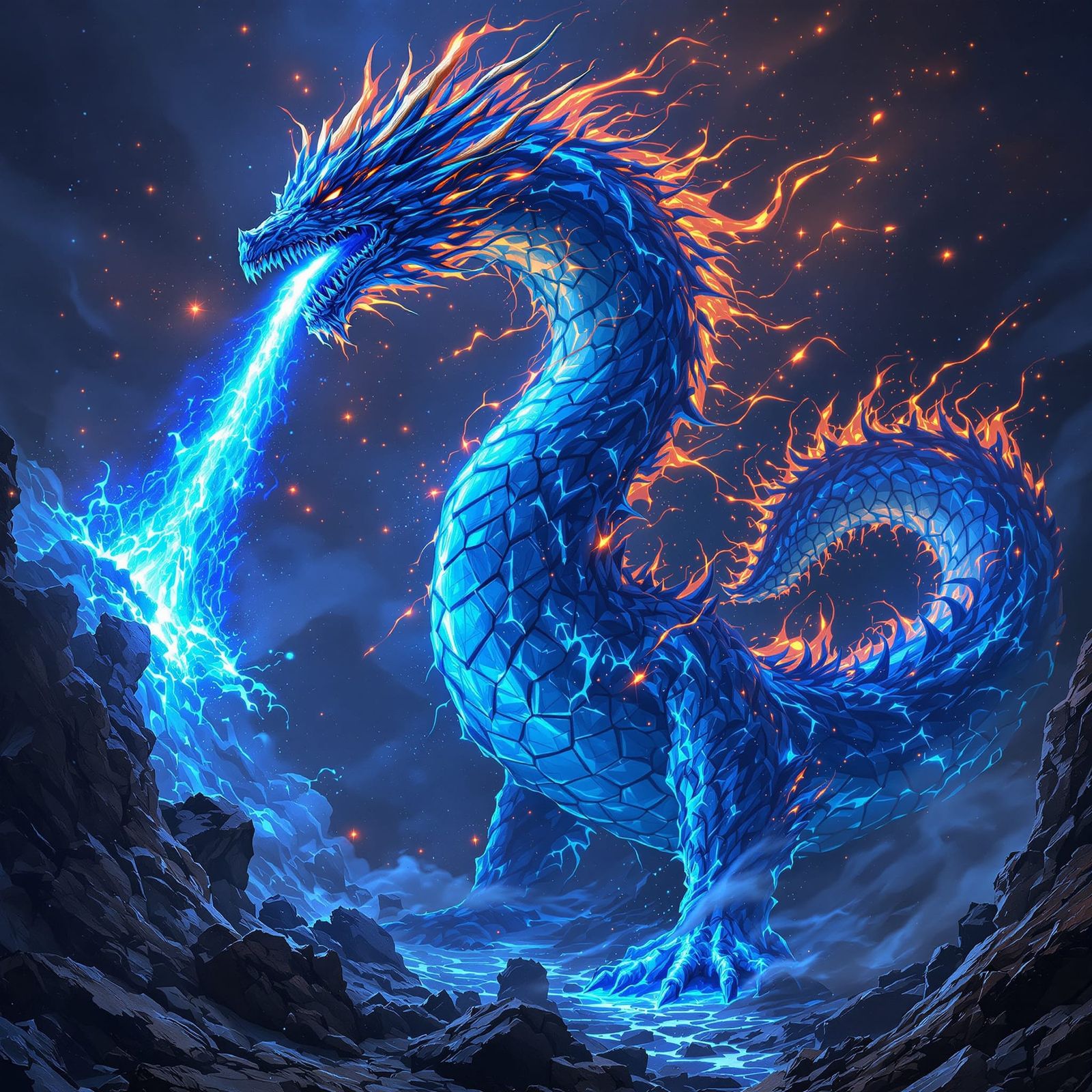 Epic Blue Lava Dragon in Cosmic Void