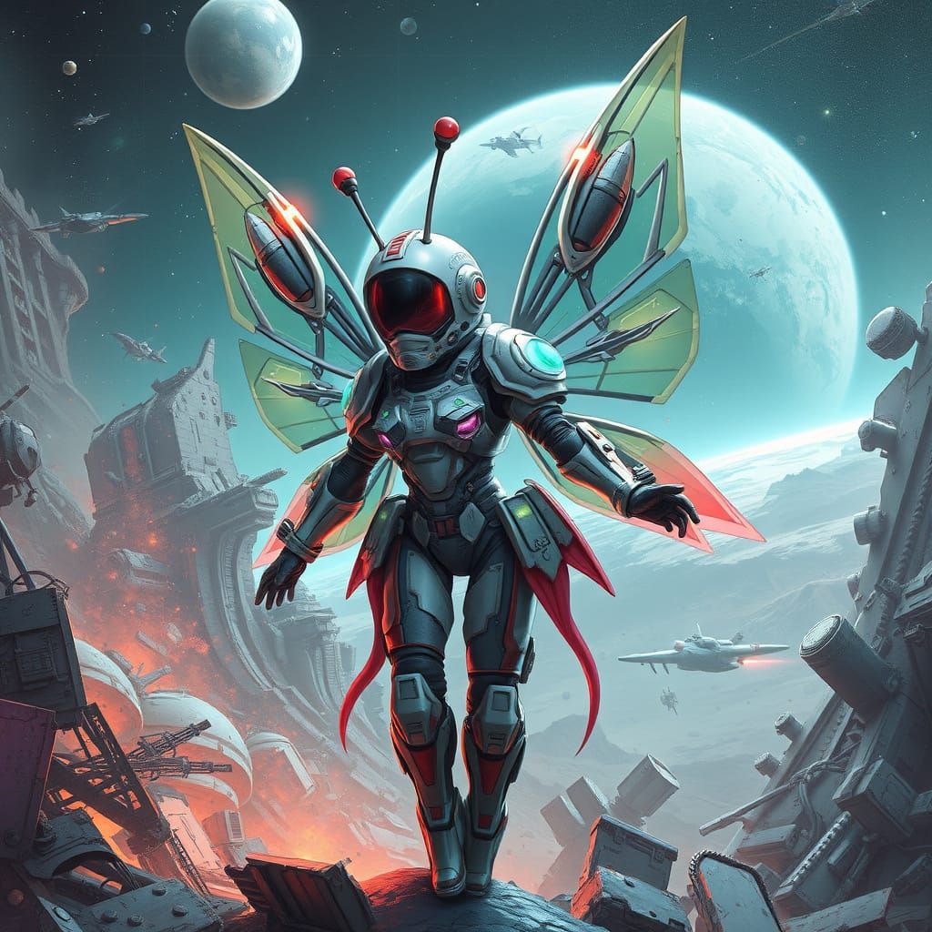 Space Debris Fairy Searching for Survivors: Futuristic Art