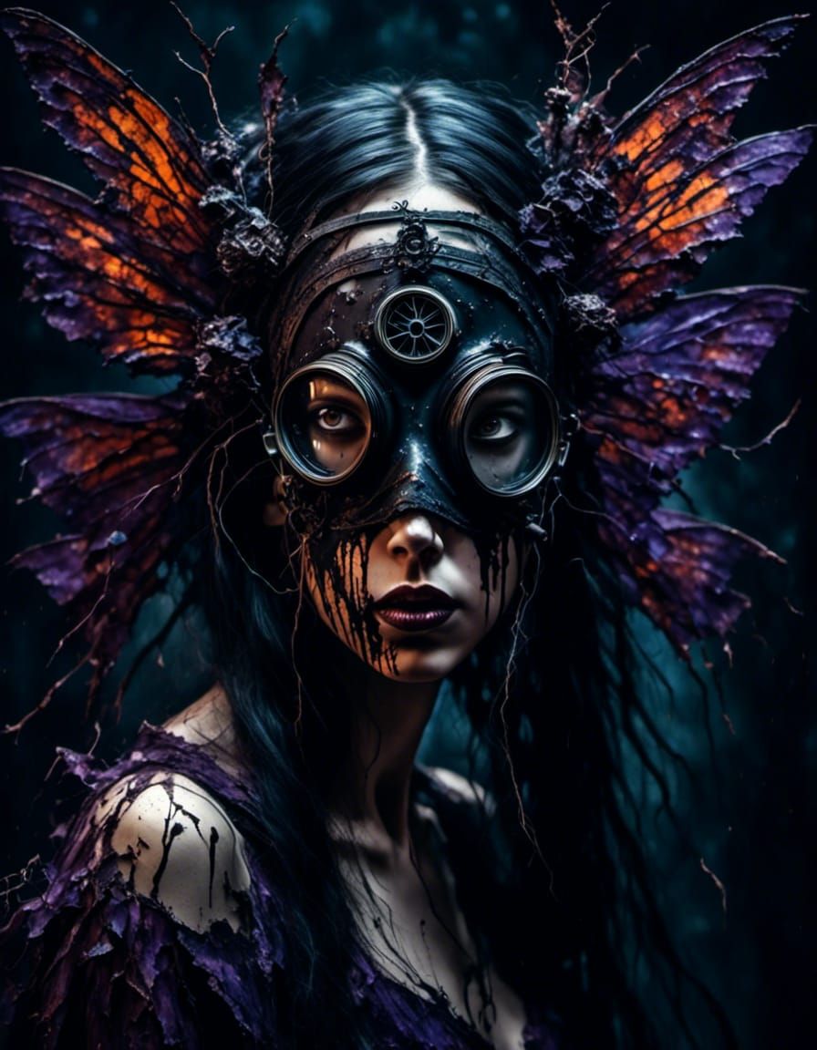 Gothic Horror Fairy with Gas Mask and Wings