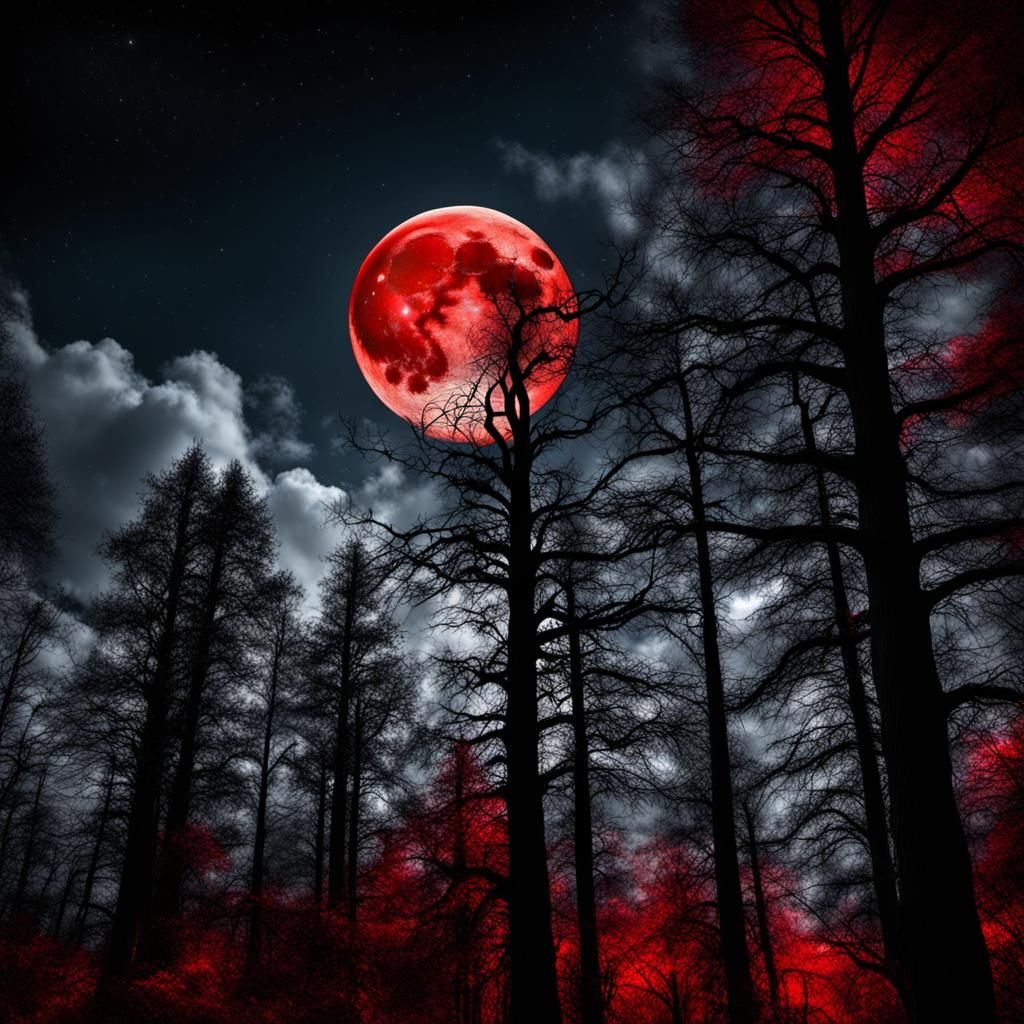 Gothic Forest Under Spooky Red Moon