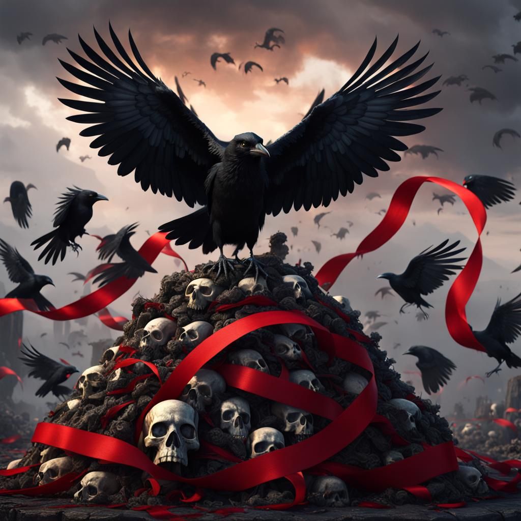 Gothic Crow on Skulls with Red Ribbons