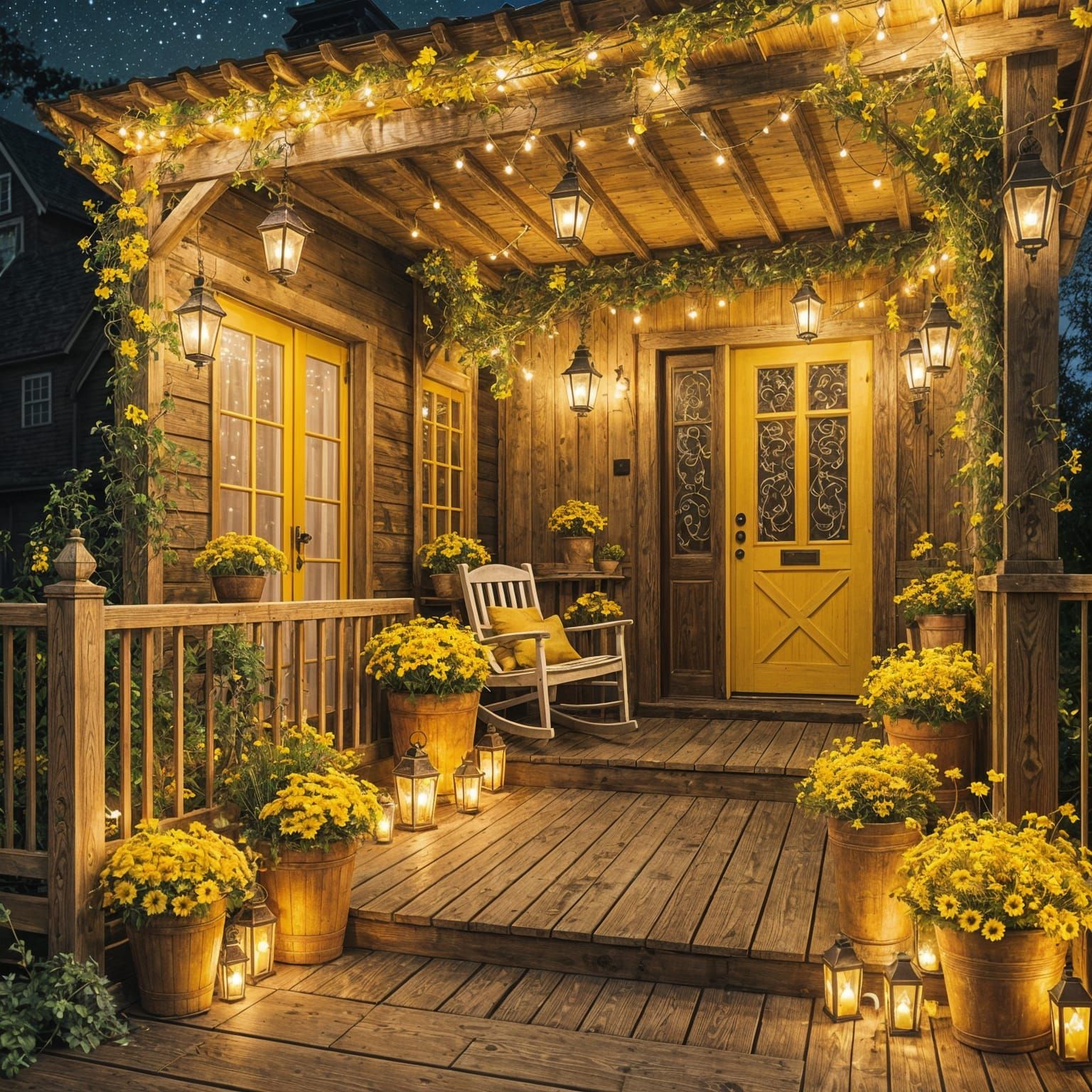 Enchanted Yellow Porch at Night with Fairylights
