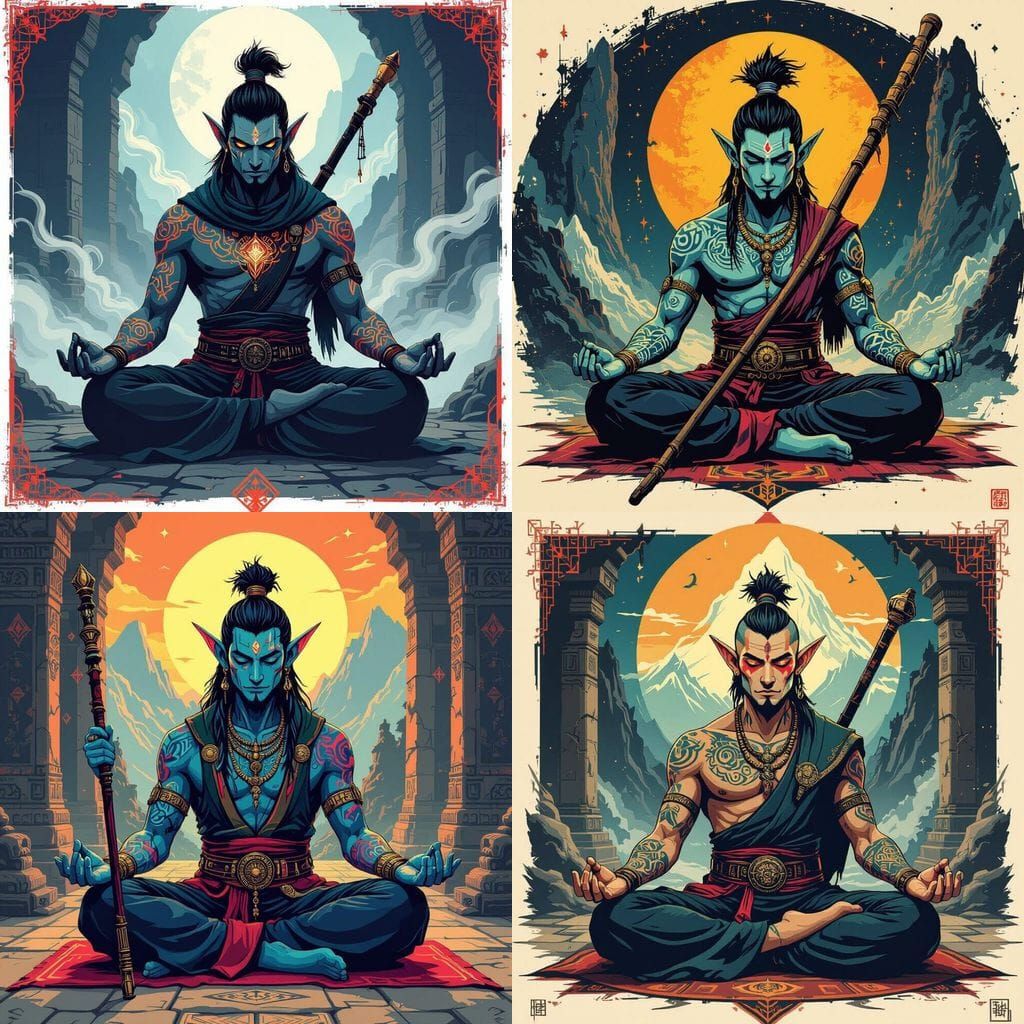 Elf Monk Meditating in Mountain Temple with Quarter Staff