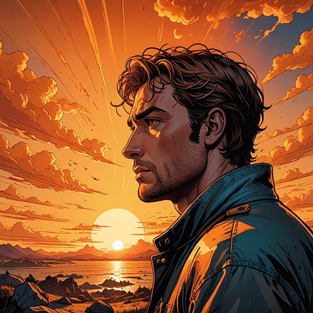 Person Watches Sunset in Comic Book Style