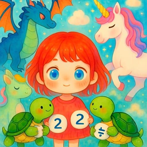 Whimsical Watercolor: Girl, Turtles, and Fantasy Animals