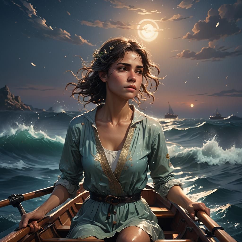 Phosphorescent Night Sea: Rowing Boat in the Moonlight