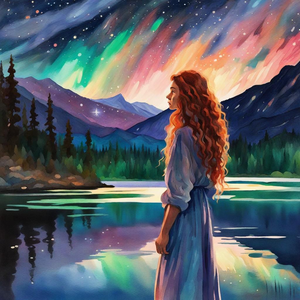 Auburn-Haired Woman at Lake: Gouache Impressionist Painting