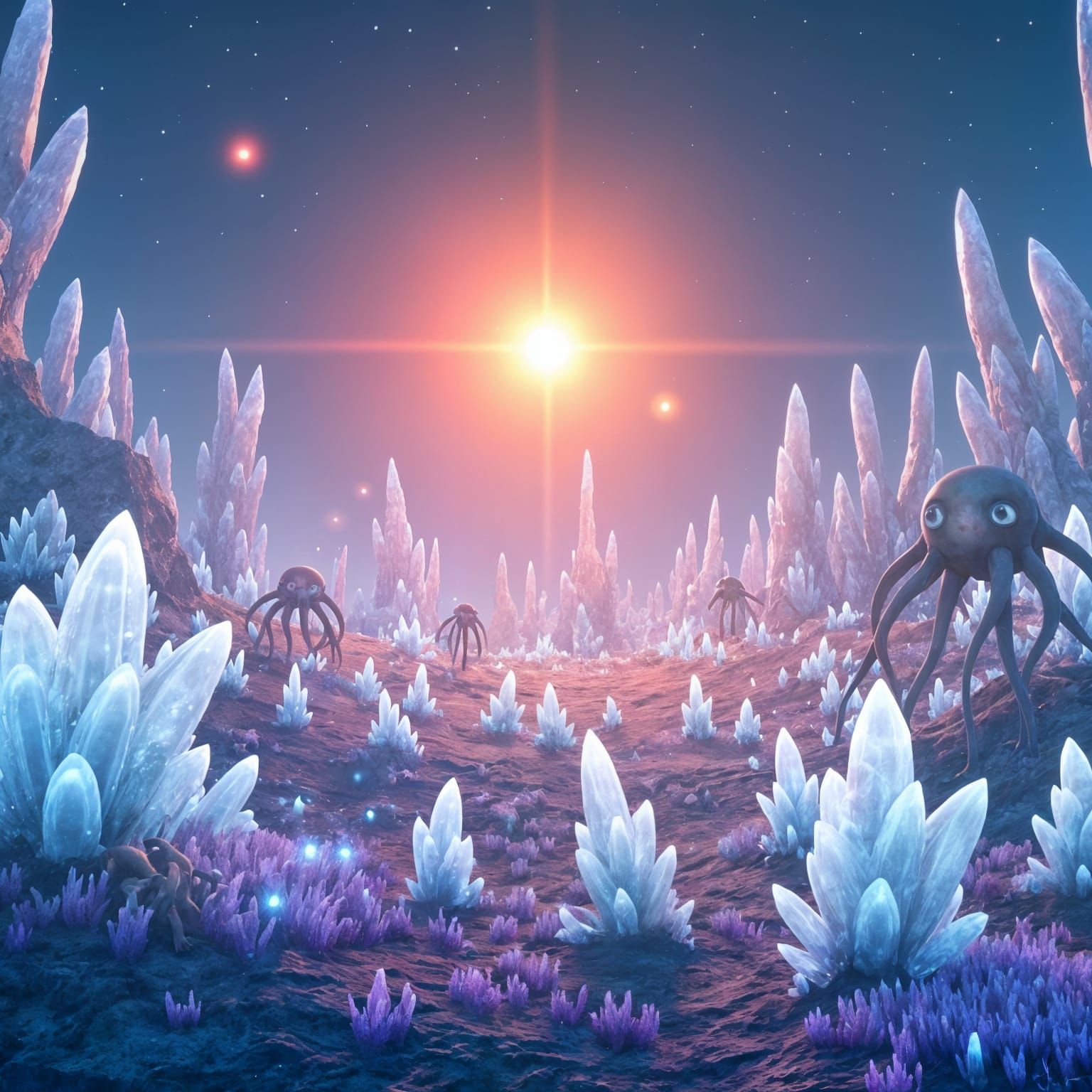 Alien Crystal Planet With Luminescent Flora