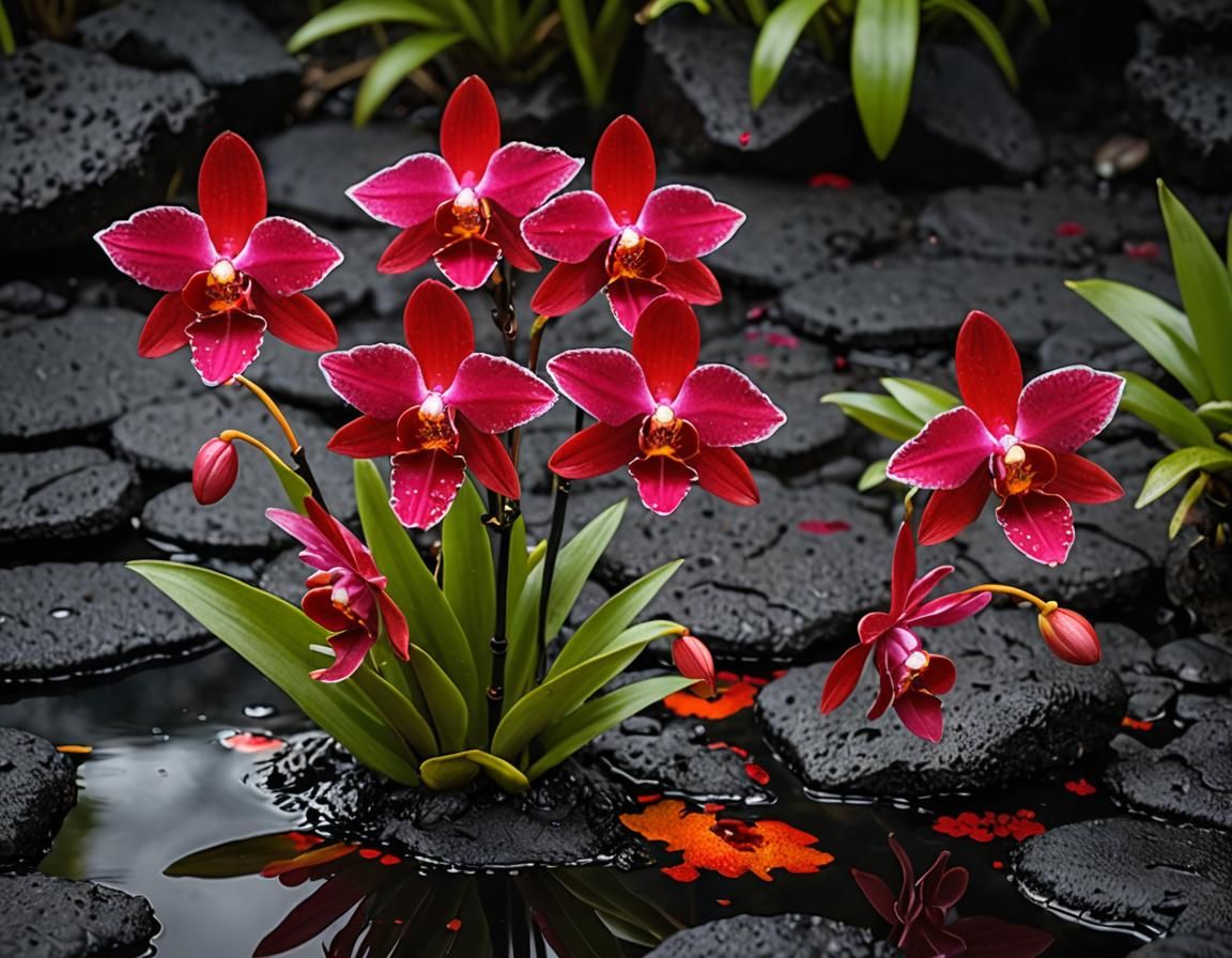 Scarlet Orchids Bloom on Lava Pool