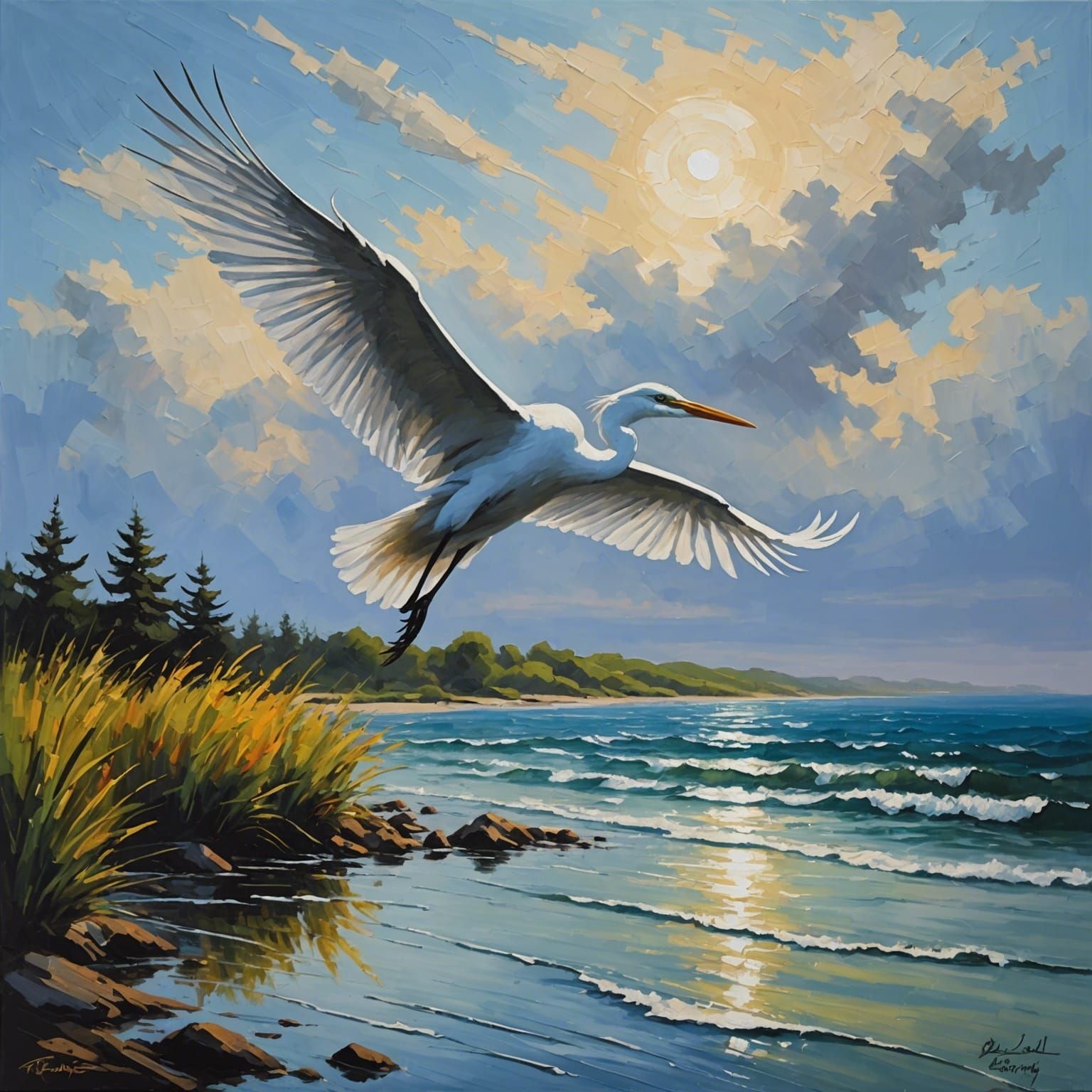 Egret in Flight: Impasto Seascape Painting