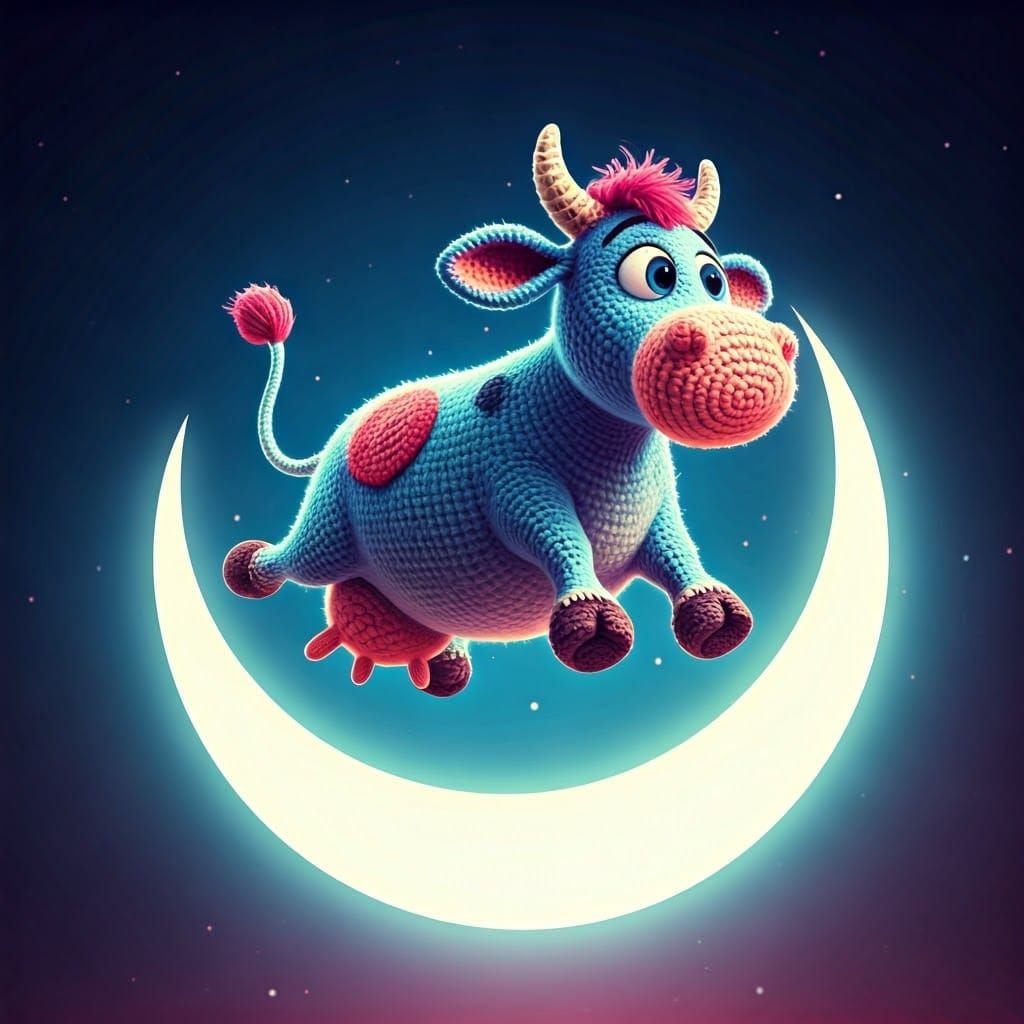 Crocheted Cow Jumps Over Moon: 3D Digital Art