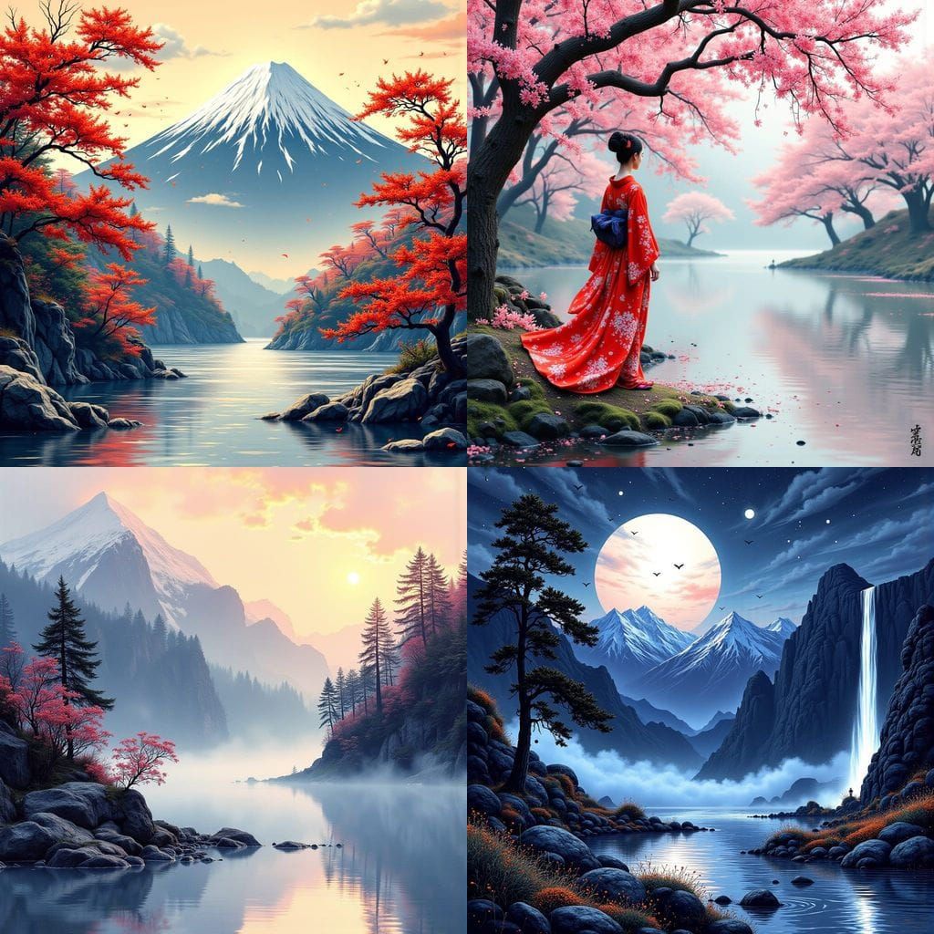 Eastern Masters Inspired Landscape with Wave Motifs in Digit...