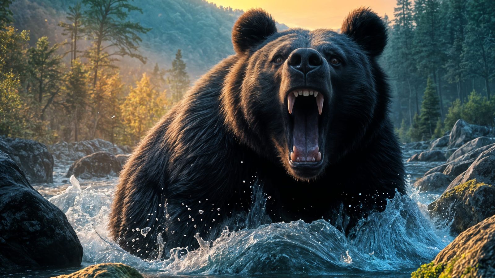 Angry Black Bear Roaring in Smoky Mountain River