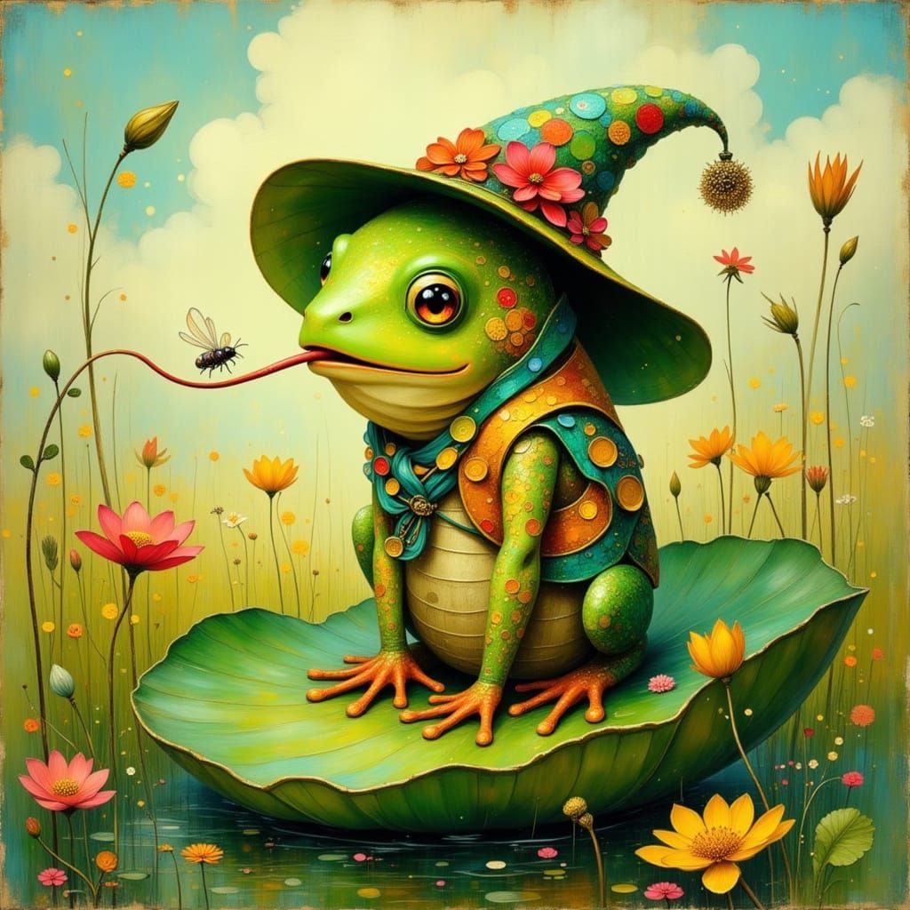 Whimsical Frog Catches Insect on Lily Pad