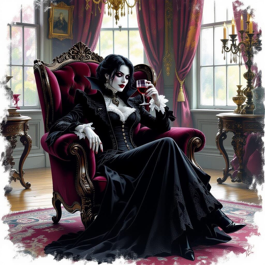 Gothic Vampire in Victorian Parlor, Ominous Style