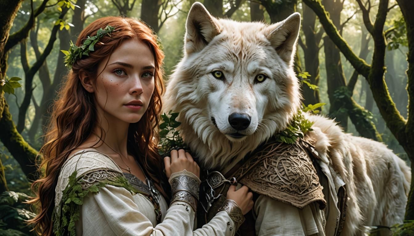 Druid and White Wolf in Fantasy Forest