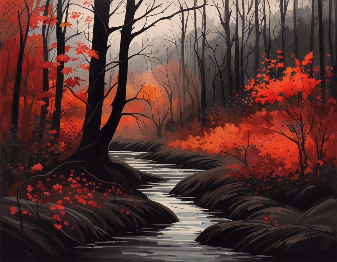 Autumn Forest Landscape with Muted Colors and Stream