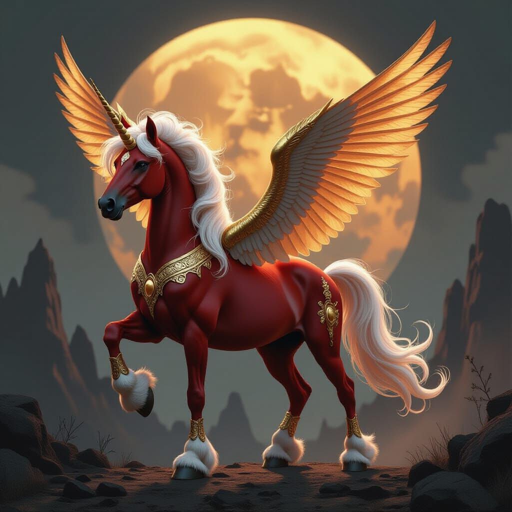 Burgundy and Gold Unicorn in Dystopian Style