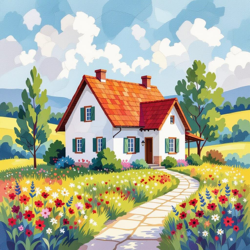 Mosaic Watercolor House Painting with Red Roof