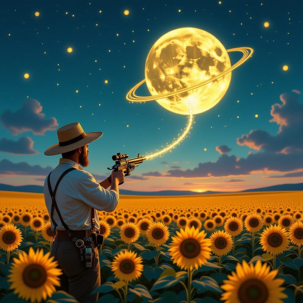 Steampunk Man in Sunflower Field Under Twilight Sky