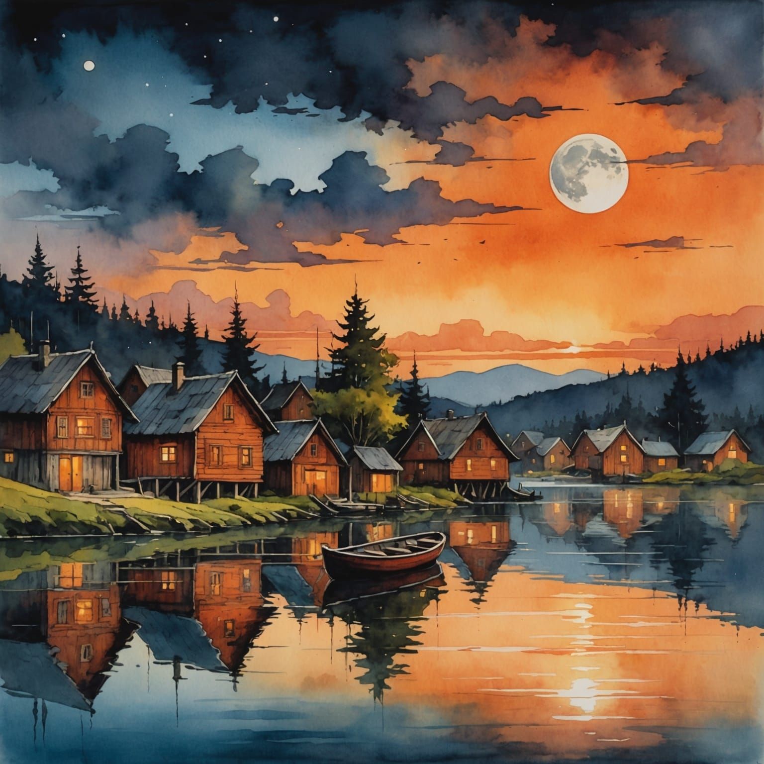 Lakeside Village at Night in Watercolor Style