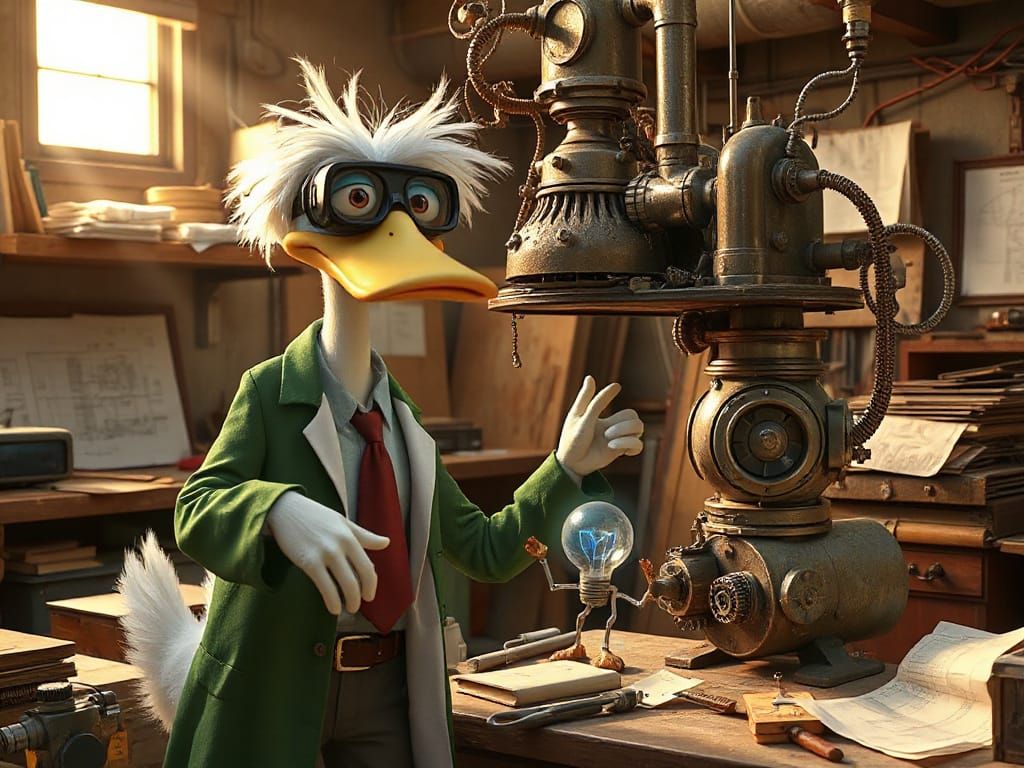 Quirky Inventor Duck at Work in His Workshop