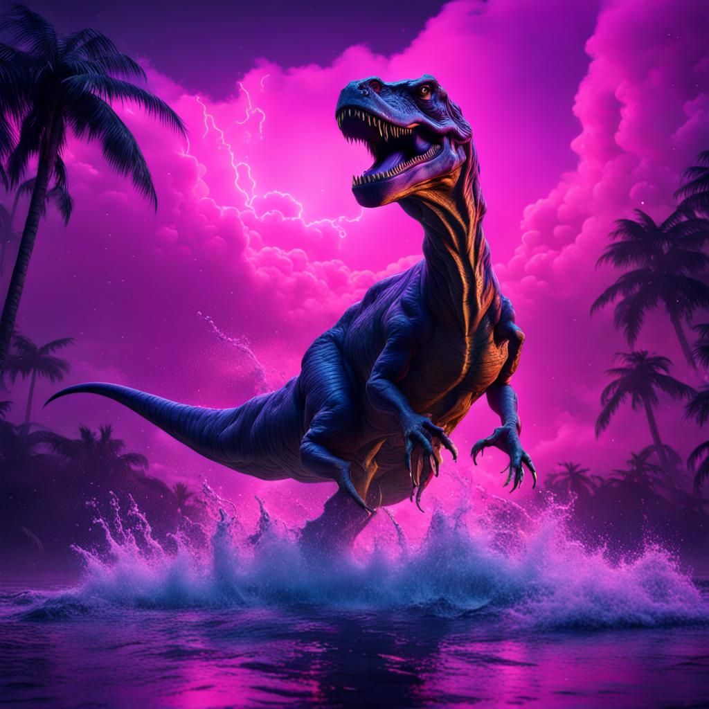 Neon T-Rex Emerges in Fantastical Landscape