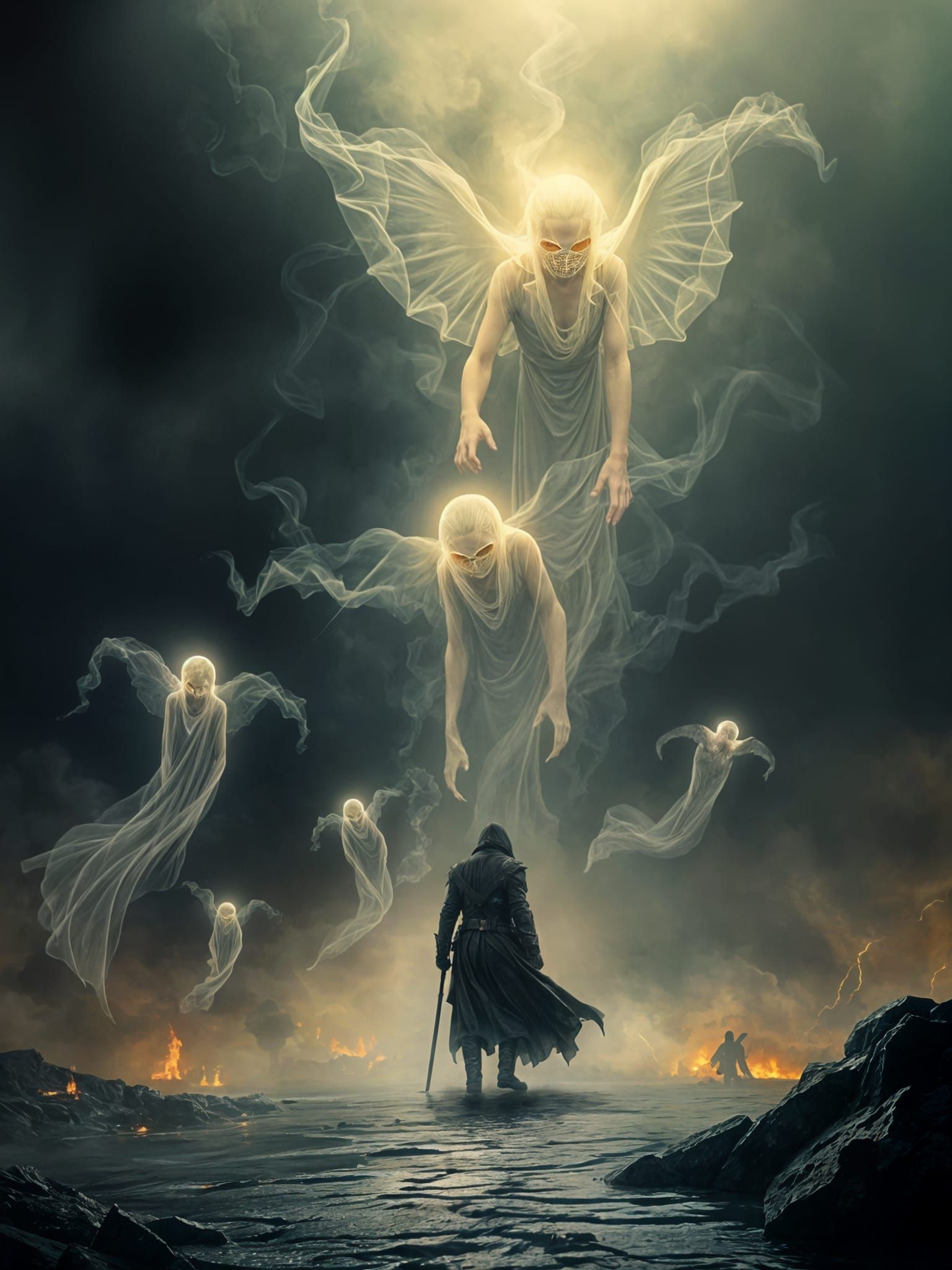Ethereal Phantoms and Warrior in Dark Fantasy Style
