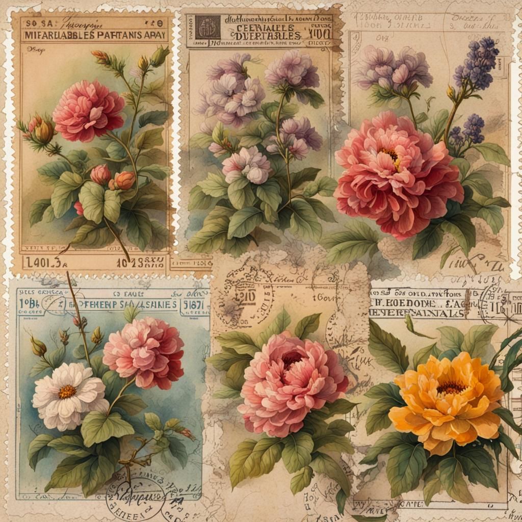 Vintage Floral Postage Stamp Ephemera on Paper