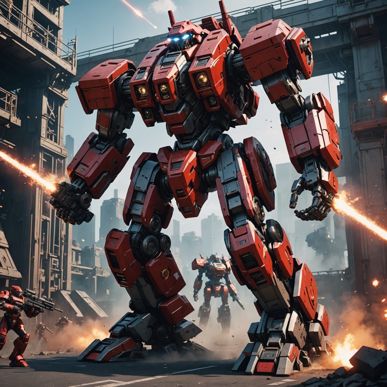 Red Mech Protecting Magic Gate in Epic Battle