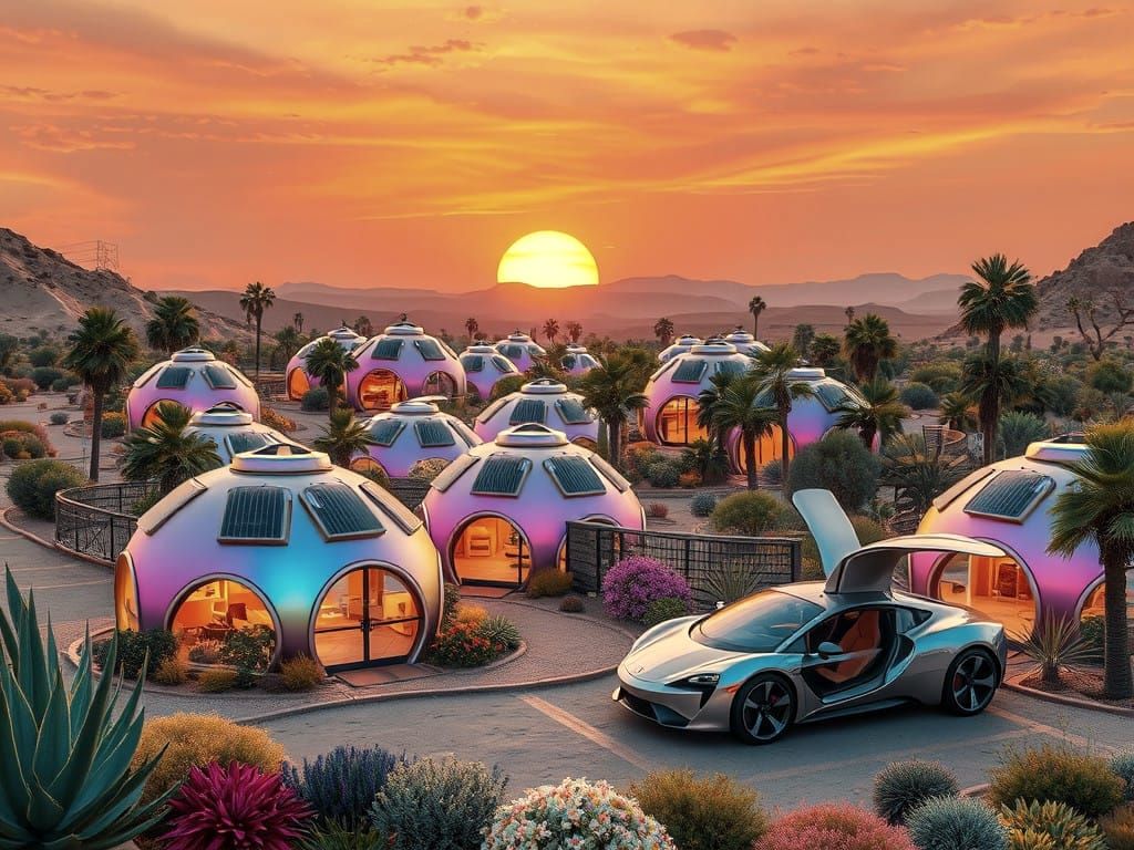 Futuristic Oasis Village Under Golden Hour