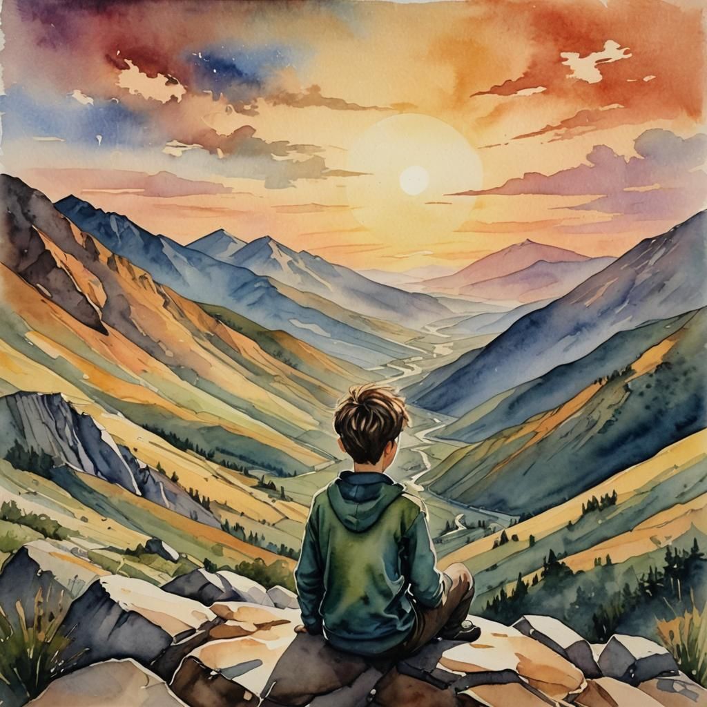 Boy on Mountain at Sunset in Watercolor Style