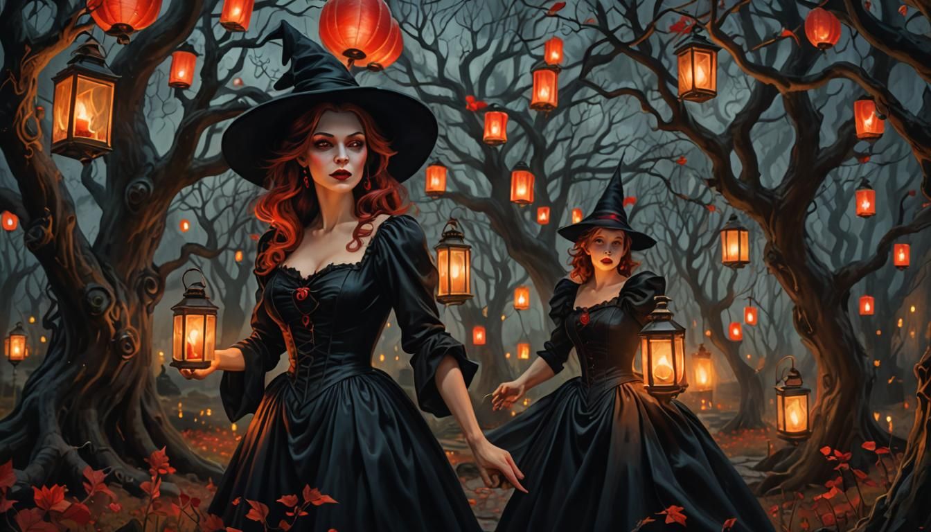 Surreal Pinup Witch Casting Spell in Haunted Garden