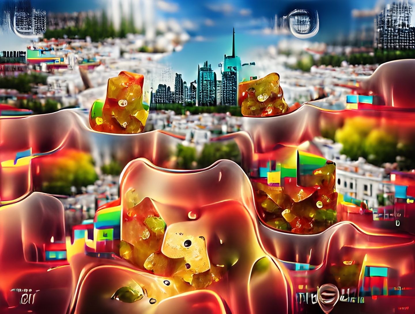 Gummy Bear Cityscape in Geometric Style
