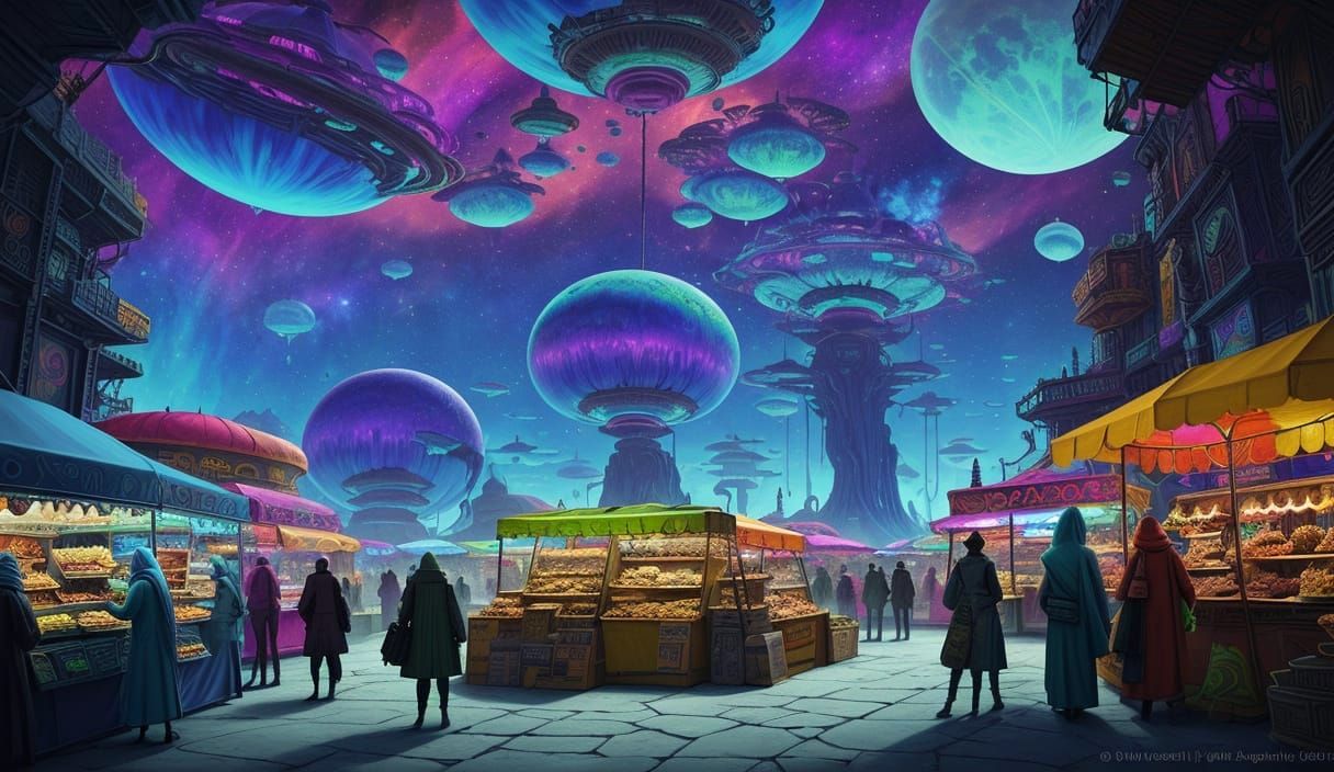 Bustling Alien Bazaar on Gas Giant Moon