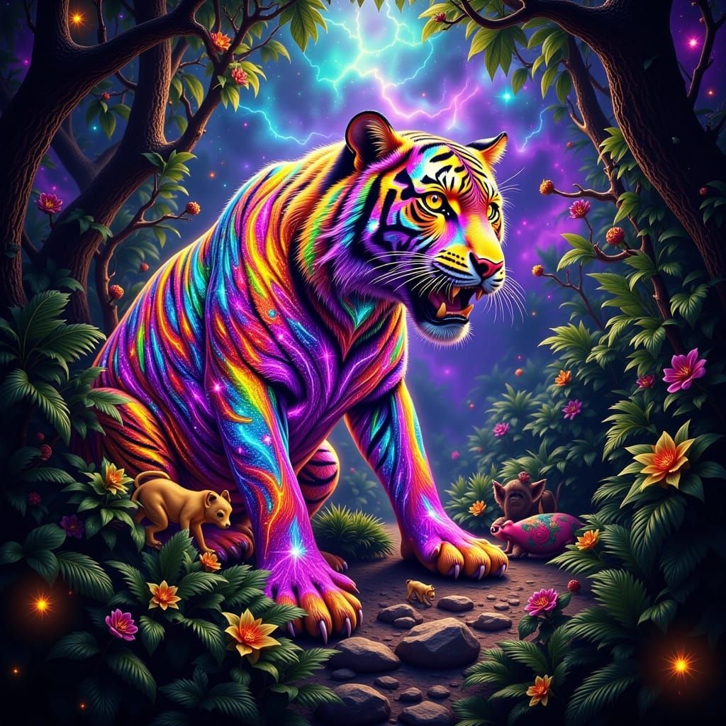Surreal Psychedelic Tiger Reigns in Vibrant Jungle