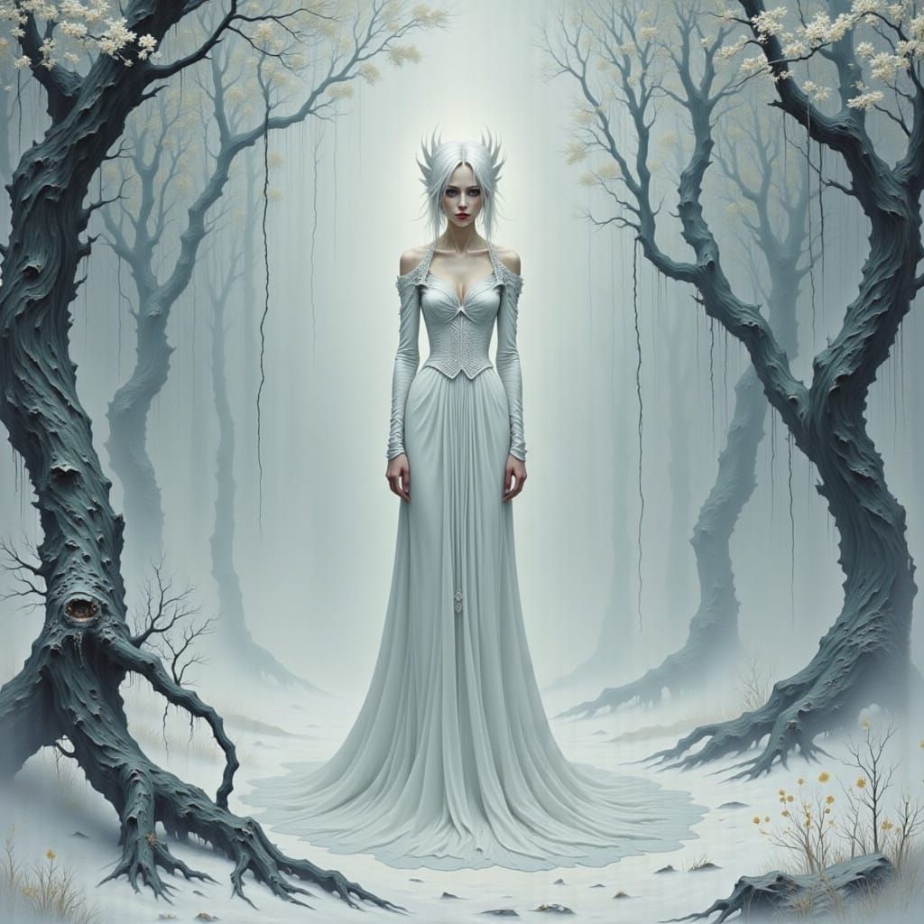 White Witch in Mystical Forest with Flowing White Robes