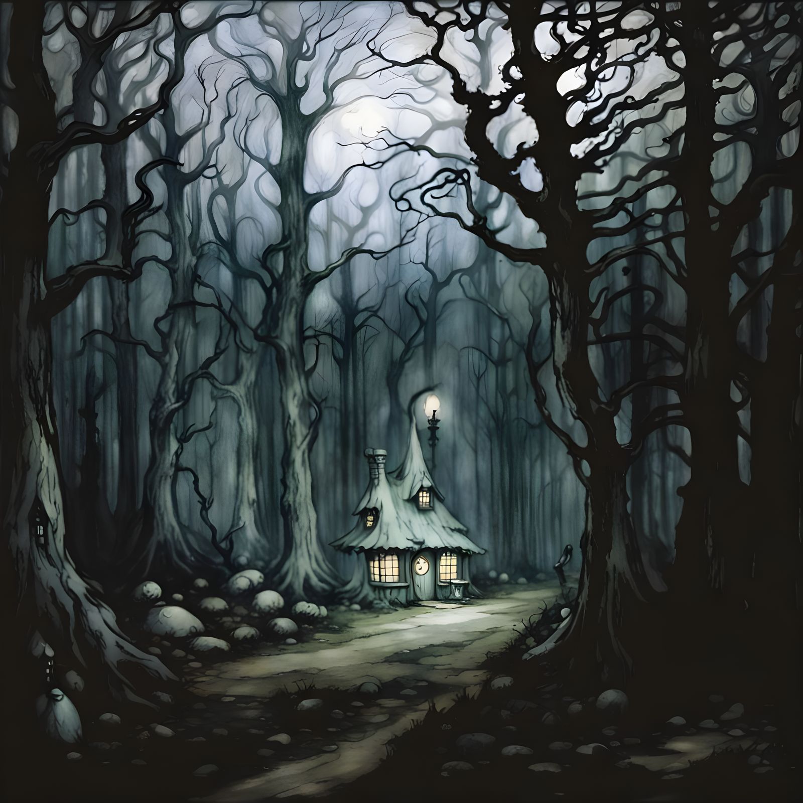 Fantasy fairy house in a dark and haunted forest