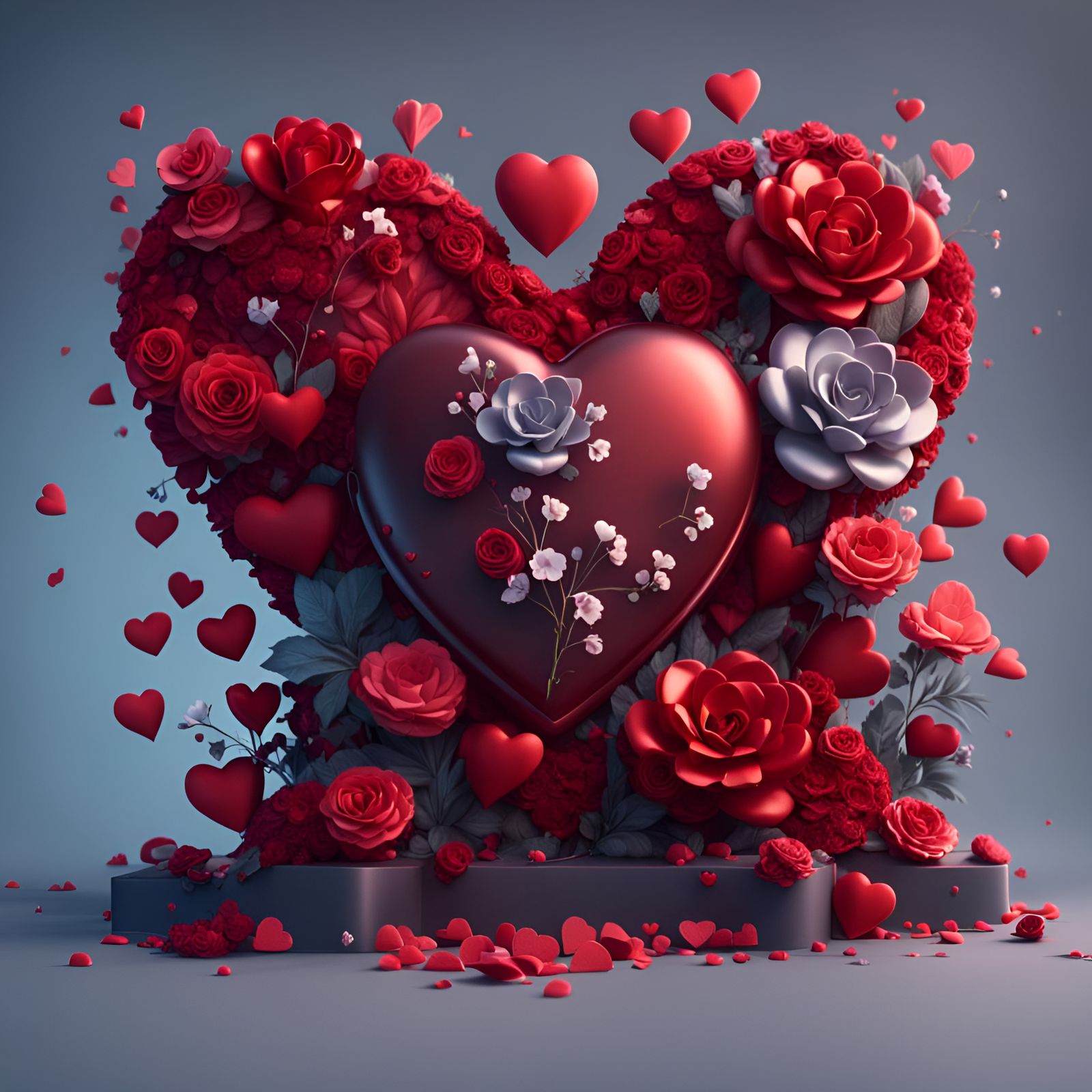 Valentine S Day Concept Background. 3d Red Hearts and Flower...