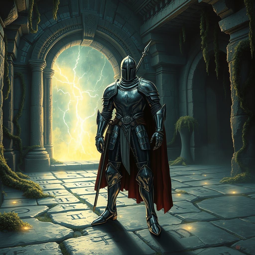 Knight Guarding Mystical Portal in Dark Fantasy Style
