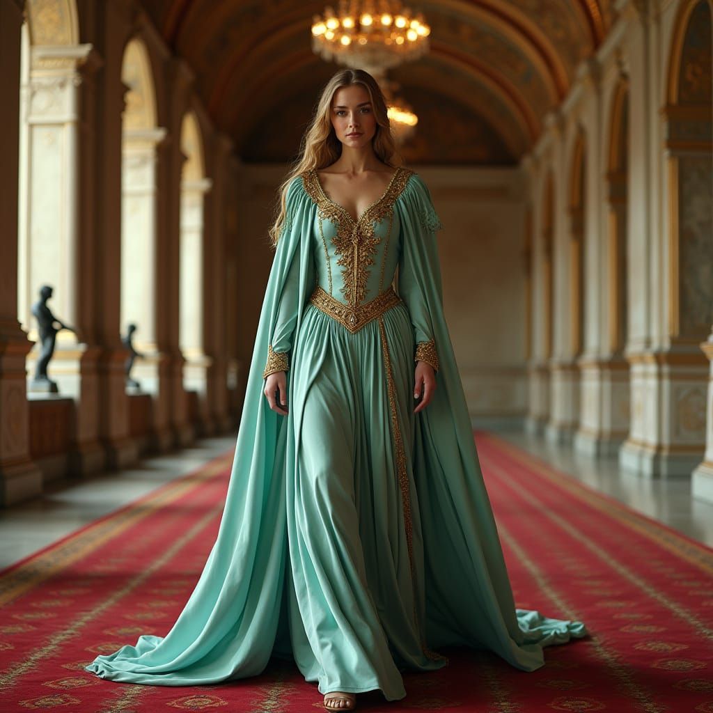 Elegant Woman in Medieval Gown in Palace Hallway