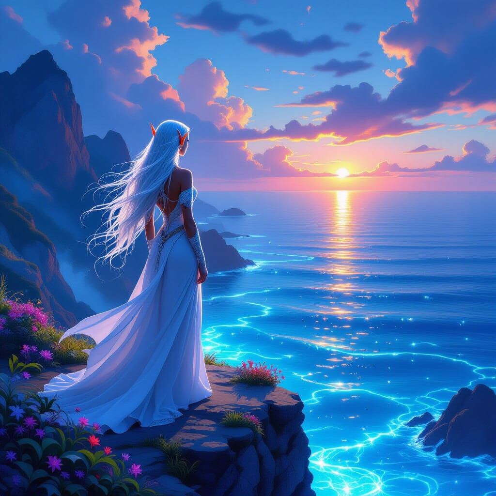 Elf on Cliff Overlooking Vibrant Ocean in Fantasy Concept Ar...
