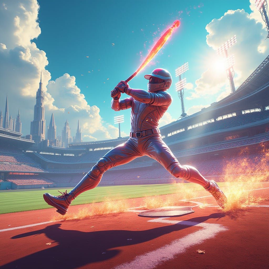 Fantasy Baseball Player in High-Tech Exosuit Swings Glowing...
