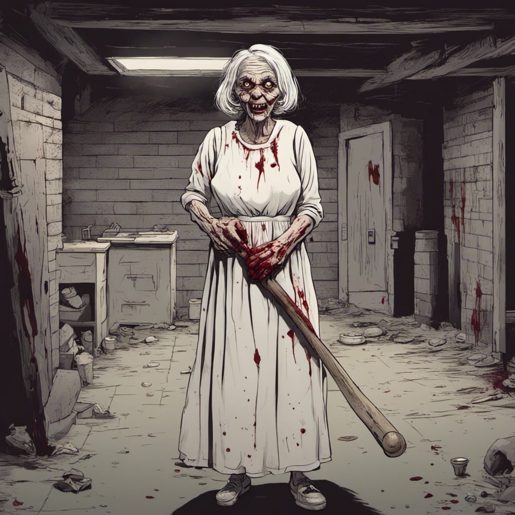 Horrifying Old Woman in Basement, Detailed Matte Painting
